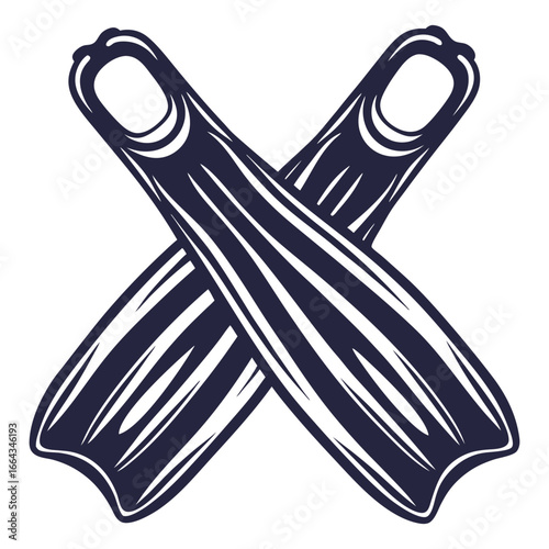 Two diving fins crossed forming X shape, representing underwater exploration and diving enthusiasm, suitable for marine sports or diving-related themes.