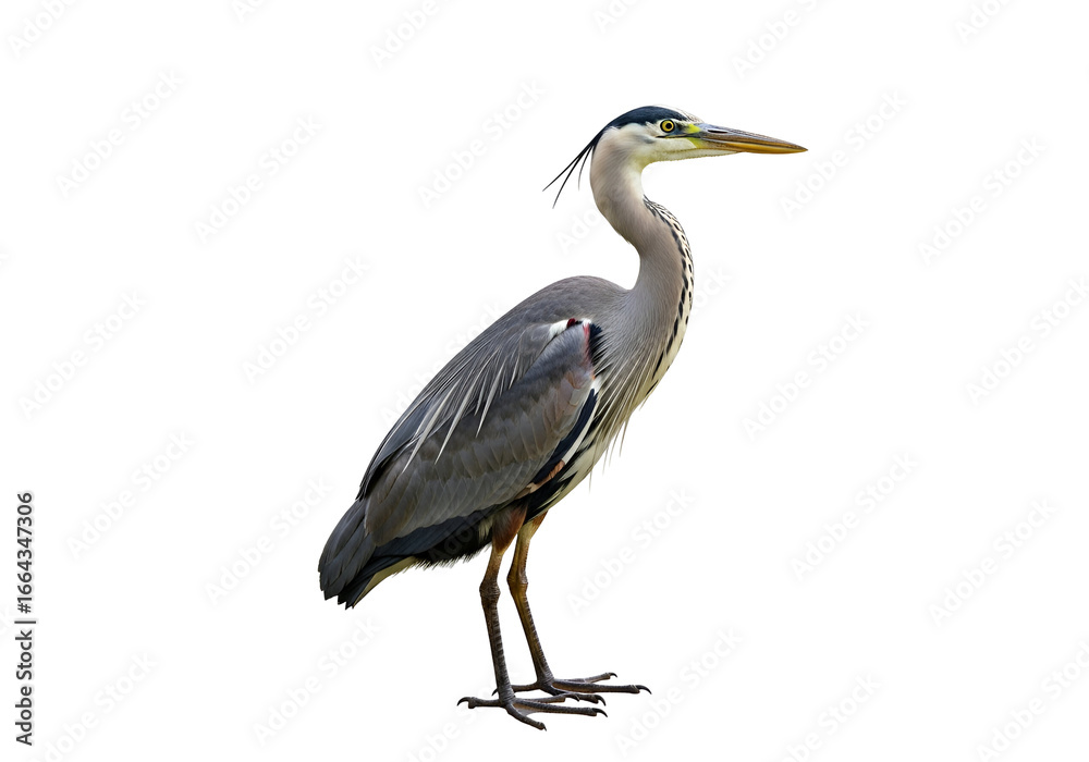 Obraz premium A gray heron stands tall against a black backdrop, showcasing its elegant plumage and attentive posture.