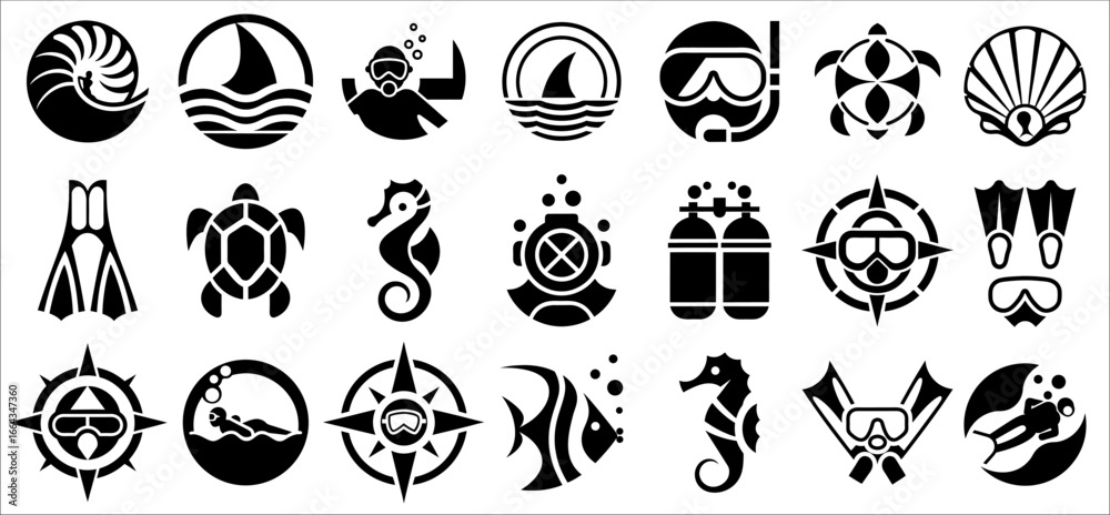 Fototapeta premium Collection of black and white diving icons showing scuba tanks, masks, and marine animals like sea turtles or seahorses for underwater exploration themes.