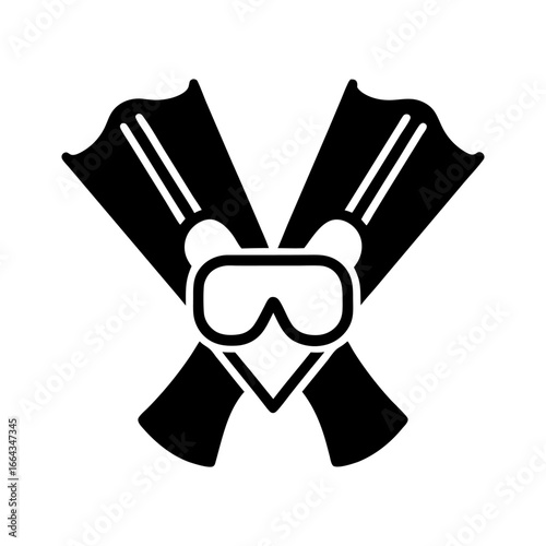 Black silhouette icon of diving goggles and flippers symbolizing underwater activities, diving equipment, and marine environment exploration.