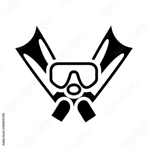 Black silhouette icon of diving goggles and flippers symbolizing underwater activities, diving equipment, and marine environment exploration.