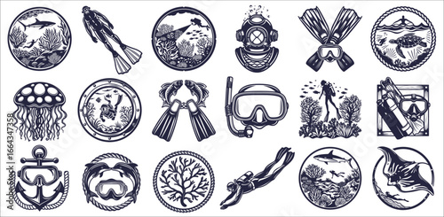 Monochrome vintage marine emblems featuring divers, sharks, turtles, anchors, and masks designed for ocean enthusiasts and nautical themed projects.