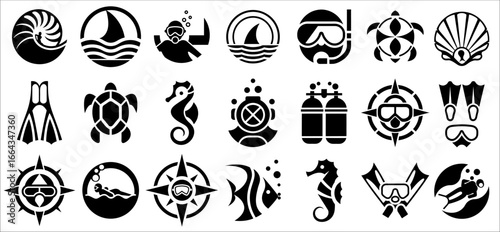 Collection of black and white diving icons showing scuba tanks, masks, and marine animals like sea turtles or seahorses for underwater exploration themes.