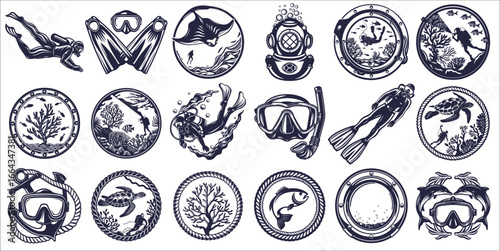 Monochrome vintage marine emblems featuring divers, sharks, turtles, anchors, and masks designed for ocean enthusiasts and nautical themed projects.