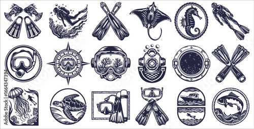 Monochrome vintage nautical set featuring diving equipment, sea creatures, and underwater scenes designed for diving enthusiasts and marine exploration projects.