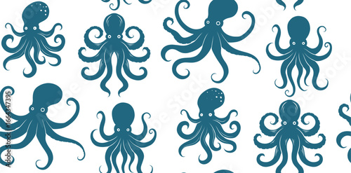 Vector seamless pattern of blue octopus silhouettes on a white background. Monochrome texture with repeating marine creatures.