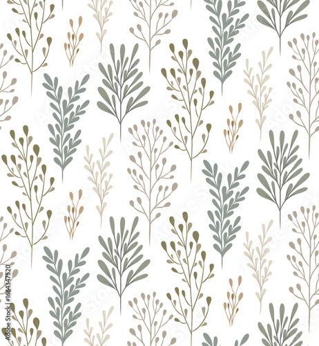 Vector seamless scandinavian pattern with twigs on white background. Nature texture with stems with leaves in pastel soft colors