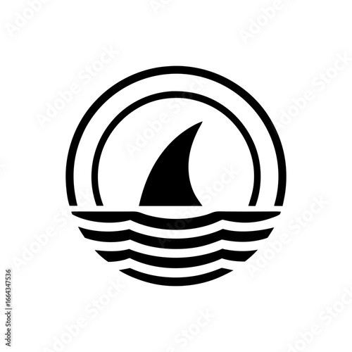 Minimalist vector shark fin emerging from water inside circular frame, symbolizing marine predator and ocean wildlife with nautical theme.