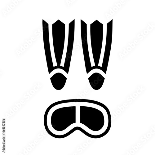 Black and white icon showing diving mask and flippers representing snorkeling, scuba diving, and underwater exploration for marine adventure designs.