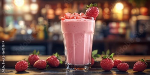 Refreshing strawberry smoothie served in a clear glass with fresh strawberries and a cozy bar atmosphere