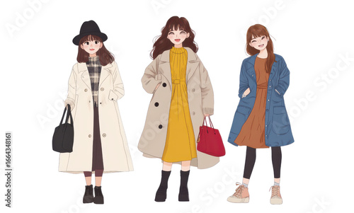 Three stylish women fashionable coats, each with unique accessories, exude confidence and charm. first wears hat and plaid scarf, second yellow dress with red bag, and third casual blue coat with