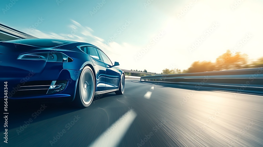 Fototapeta premium Electric car on highway, sunlit