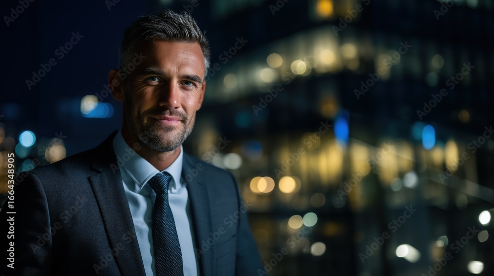 Fototapeta premium A confident professional man in a suit stands in a cityscape with twinkling lights, embodying success in the corporate world.