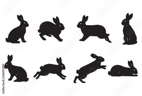 Collection of black silhouette rabbit icons in various poses, including sitting, standing, jumping, running, and resting. Simple and minimalist vector style, isolated on white background
