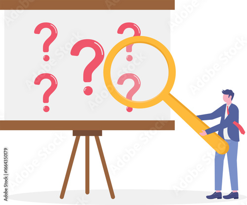 Flat illustration of businessman hold magnifying glass analyzing question mark to investigate and solve problem
