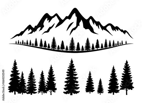 Black Silhouette of Majestic Mountains and Evergreen Trees in a Forest Landscape