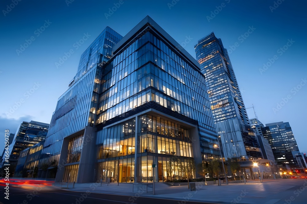 Fototapeta premium Modern glass building in urban area at dusk.