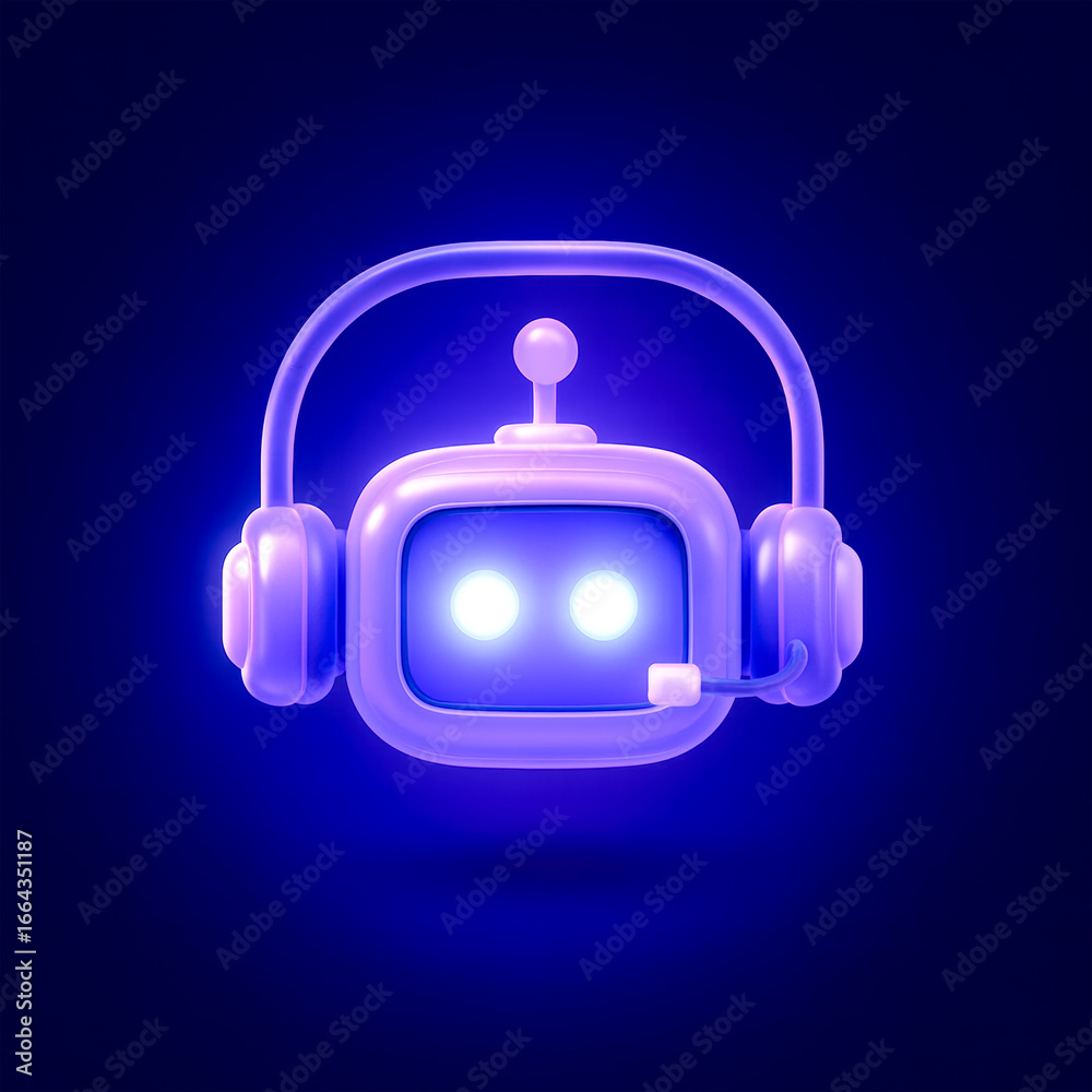 Fototapeta premium Glowing neon AI chatbot with headset icon representing virtual assistant, customer support bot, and artificial intelligence communication 