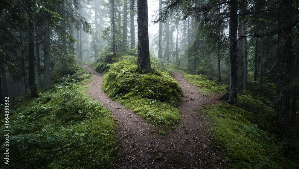 Fototapeta premium Misty Forest Path With Twists and Turns