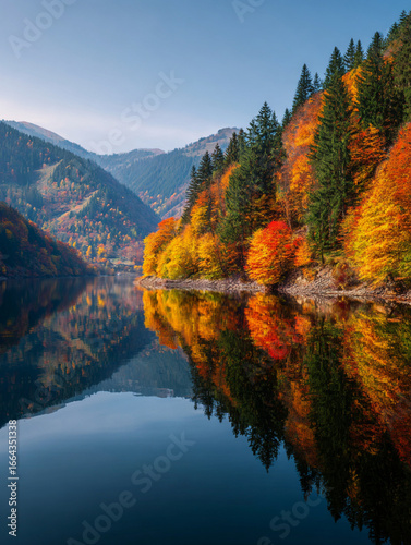 Serene mountain lake reflecting vibrant autumn forest and clear blue sky