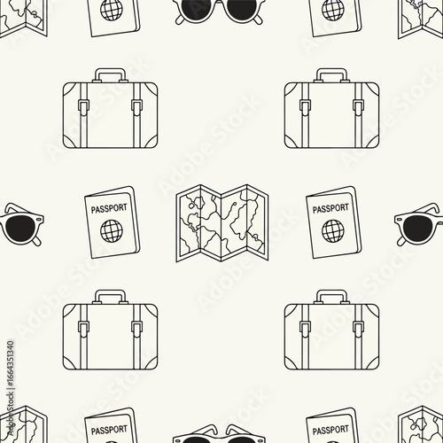 Seamless Pattern, Seamless pattern illustration featuring travel essentials such as luggage and passport Stock royalty free image.