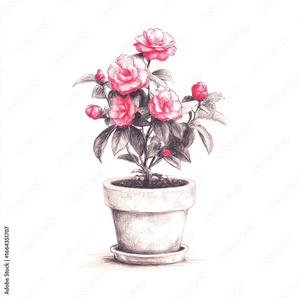 Naklejka premium Pink Camellia Flowers in Terracotta Pot Pointillist Illustration