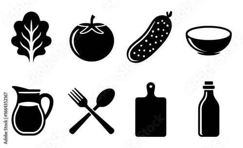 Collection of Black and White Icons Representing Food and Kitchen Items
