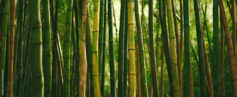 Fototapeta premium The Bamboo Stalks of a Lush Green Forest Bathed in Soft Sunlight