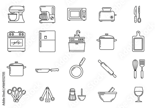 icon set of modern kitchen appliances and utensils for cooking and baking in a home