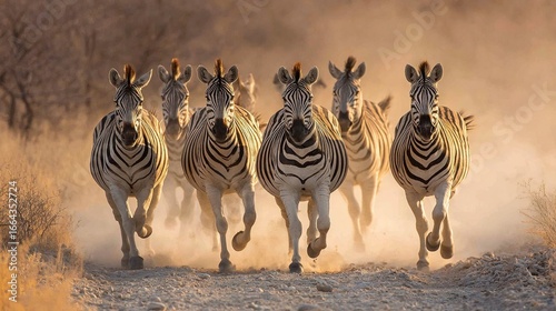   A herd of zebras gallops in unison on a dusty road, leading a following group of zebra