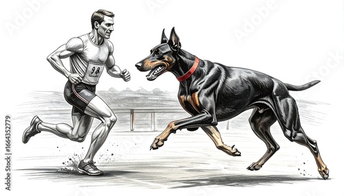 A muscular runner and a powerful Doberman Pinscher are depicted in dynamic motion, seemingly engaged in a race or chase