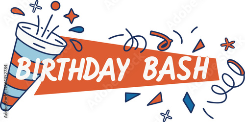 Celebrate joy with a festive Birthday Bash banner featuring confetti and party poppers for exciting events