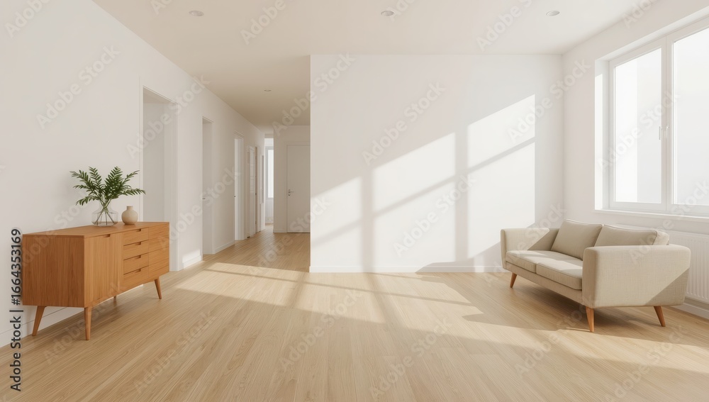 Fototapeta premium A sunlit, minimalist living area showcasing a light beige couch and wooden sideboard against a bright white backdrop.