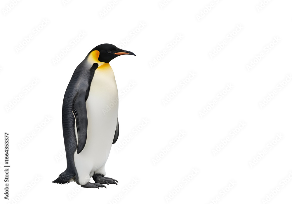 Fototapeta premium A majestic emperor penguin stands tall against a plain black backdrop, showcasing its striking black and white plumage.
