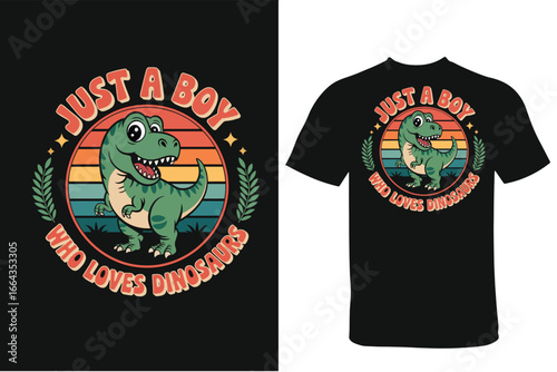 Retro Dinosaur Boy T-Shirt Design Featuring a Cartoon T-Rex and 