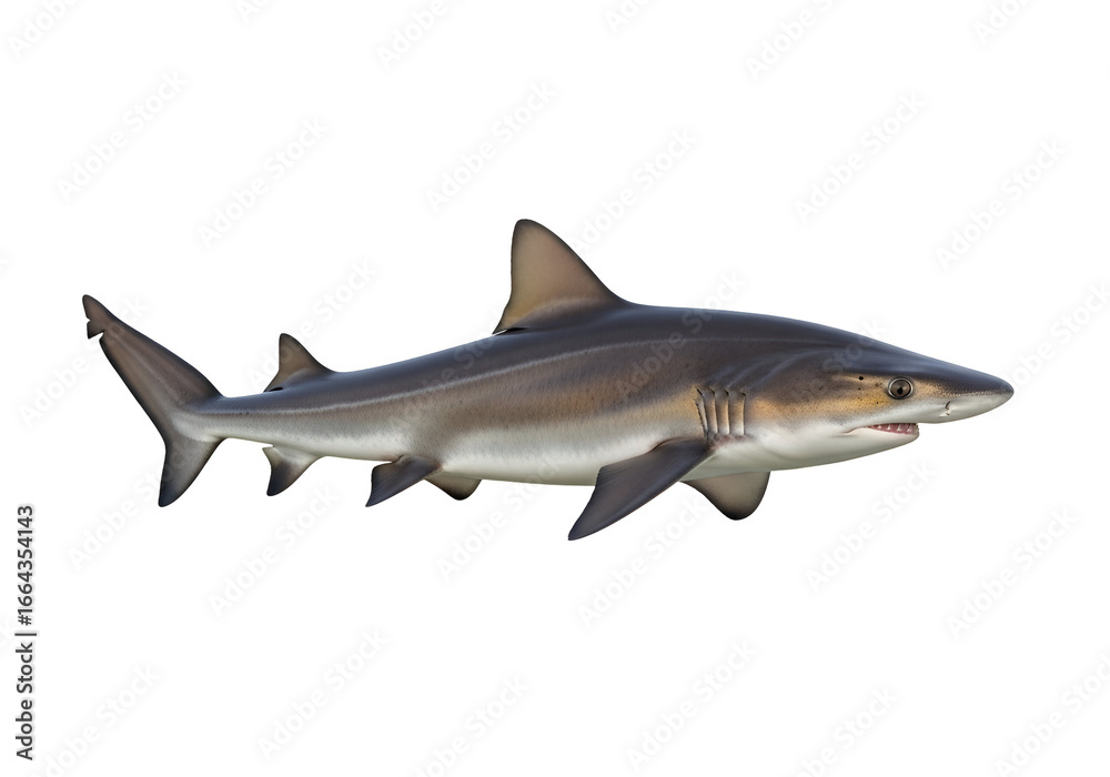 Fototapeta premium A side profile view of a gray shark against a stark black background, showcasing its streamlined body and sharp features.