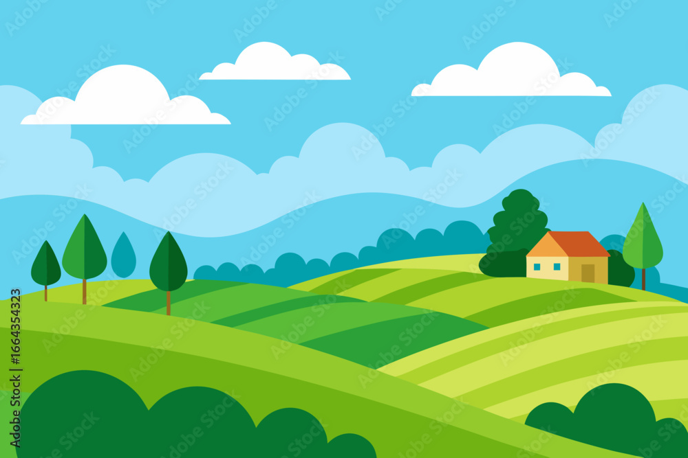 Fototapeta premium Idyllic countryside landscape with rolling green hills and a small house