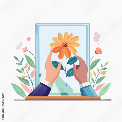 Hands Protecting Beautiful Orange Flower In Display Case