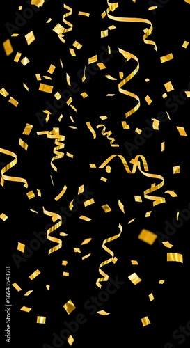 Isolated vector illustration of falling gold confetti and serpentine for birthdays, holidays, and parties.