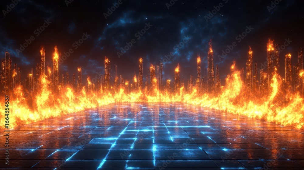 Fototapeta premium Burning Cityscape: Futuristic Inferno
