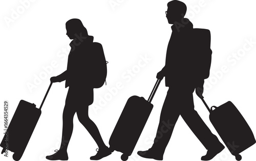Travelers with Luggage Silhouette on White Background silhouette