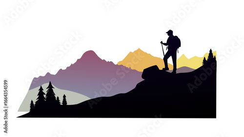 Silhouette of a hiker on a mountain peak at sunset isolated on transparent background