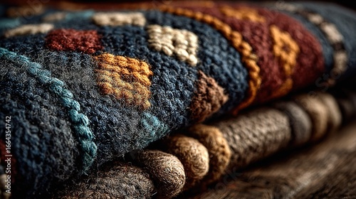   A multicolored rug stack on a wooden table