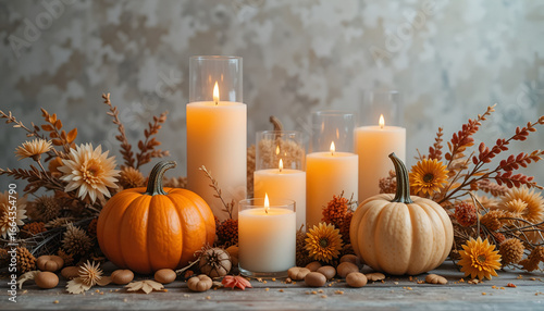 Cozy autumn scene with glowing candles, pumpkins, and fall foliage creates a warm, inviting atmosphere for seasonal decor