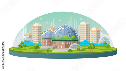 Futuristic eco city with green buildings and domes isolated on transparent background