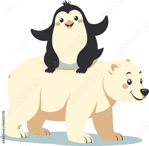 Penguin riding on polar bear, cute arctic animal friends cartoon