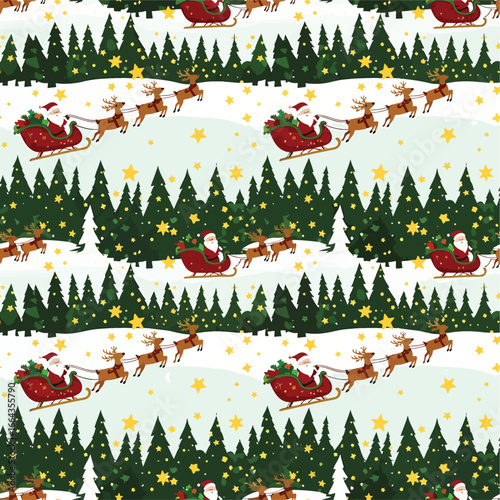 Seamless Pattern, Seamless pattern of Santa Claus and reindeer sleigh in a winter forest scene Stock royalty free image.