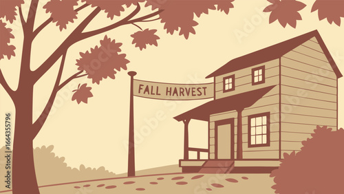 Charming vintage farmhouse welcomes guests with 'Fall Harvest' banner amidst autumn foliage and rustic charm