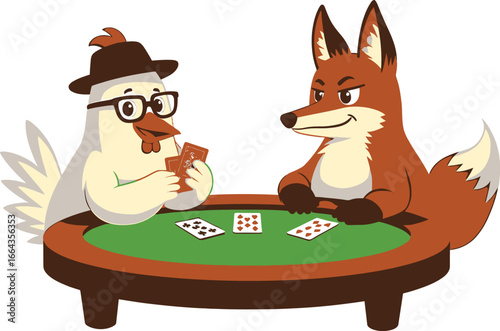 Fox and chicken playing cards at poker table, funny animal casino scene