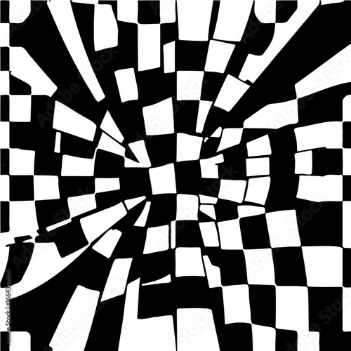 Black and white broken checkerboard, fragmented geometric distortion, SVG abstract background